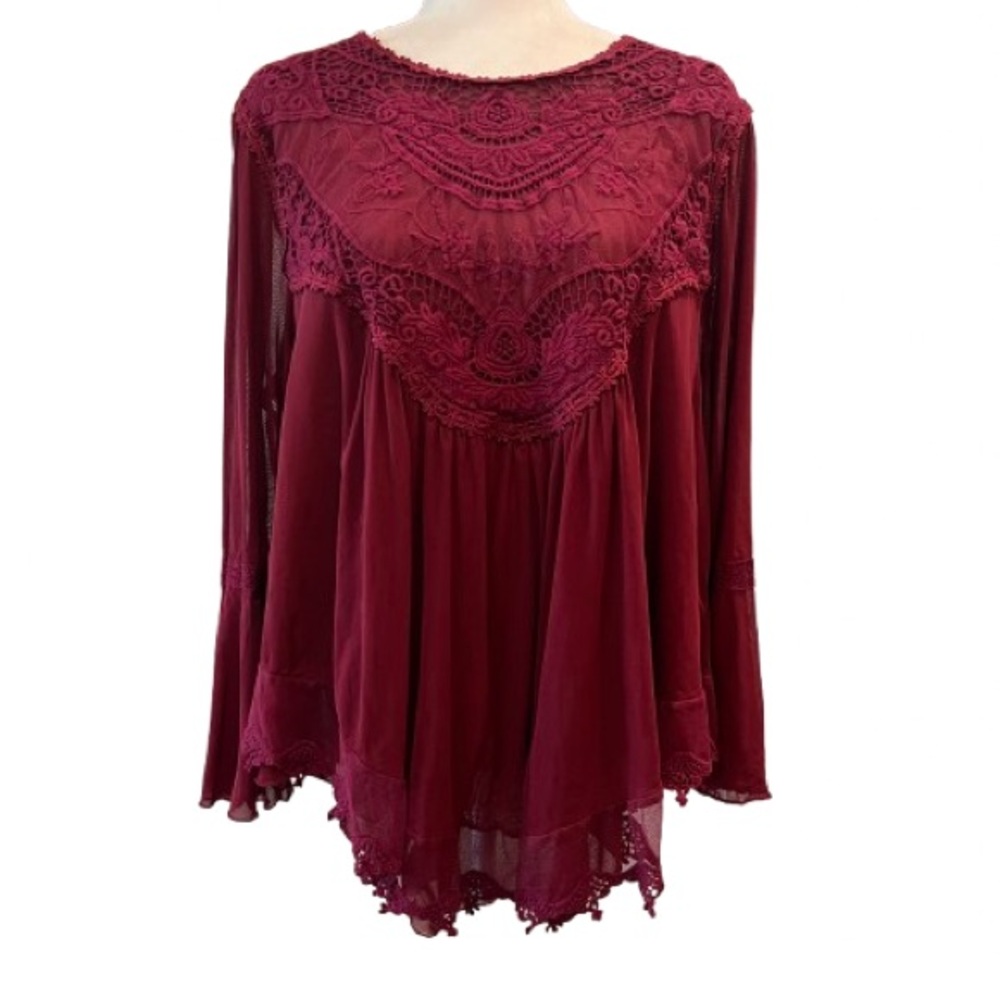 Indigo Thread Co Burgundy Lace Boho Tunic Top 1X - Picture 8 of 8